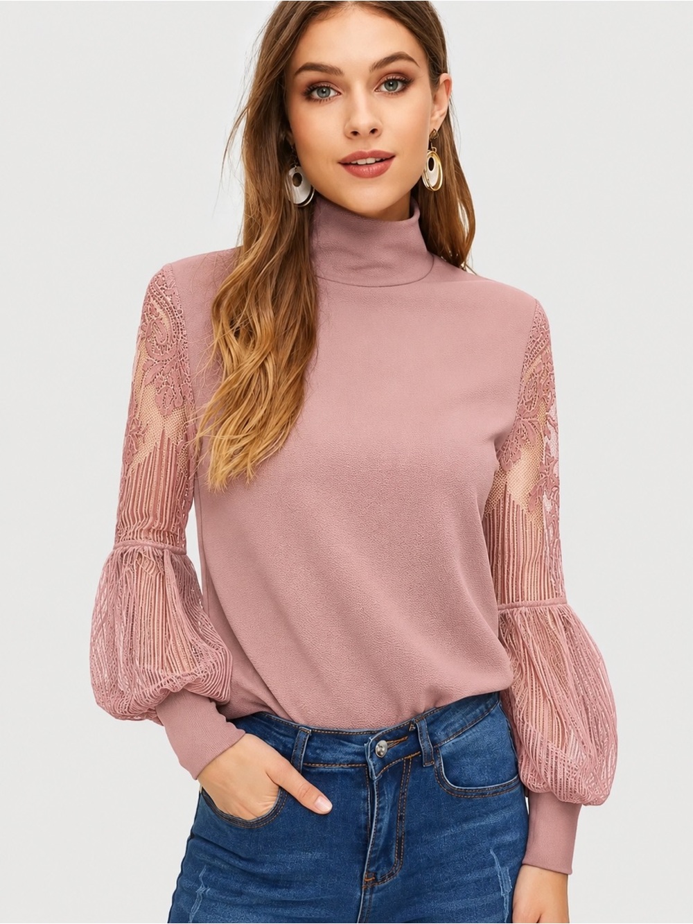 SHEIN Dusty Rose Lace Balloon Sleeve Turtleneck Blouse Size S